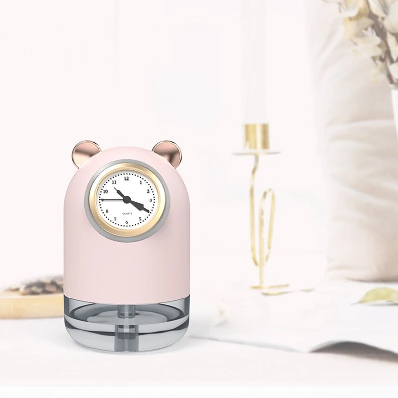 Cute Bear Air Humidifier with Clock Electric Humidifier Diffuser USB Charging Air Freshener Mist Maker for Home