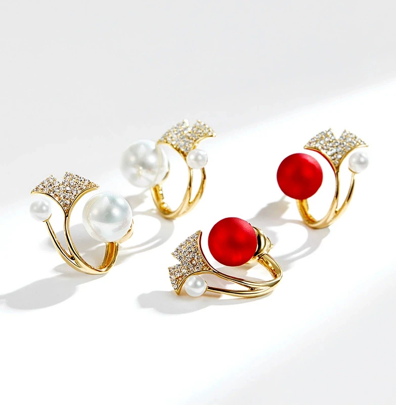 2022 pearl earrings inlaid full zirconia maple leaf earrings female 925 silver needle Korean red two wear stud earrings