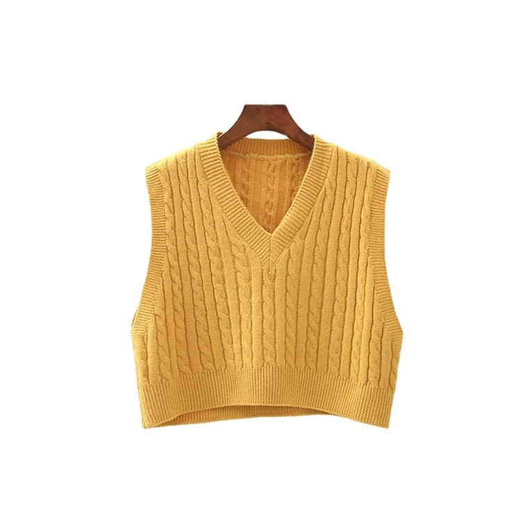 VIgour High quality vintage v neck cable knitted high waist short sweater vest women