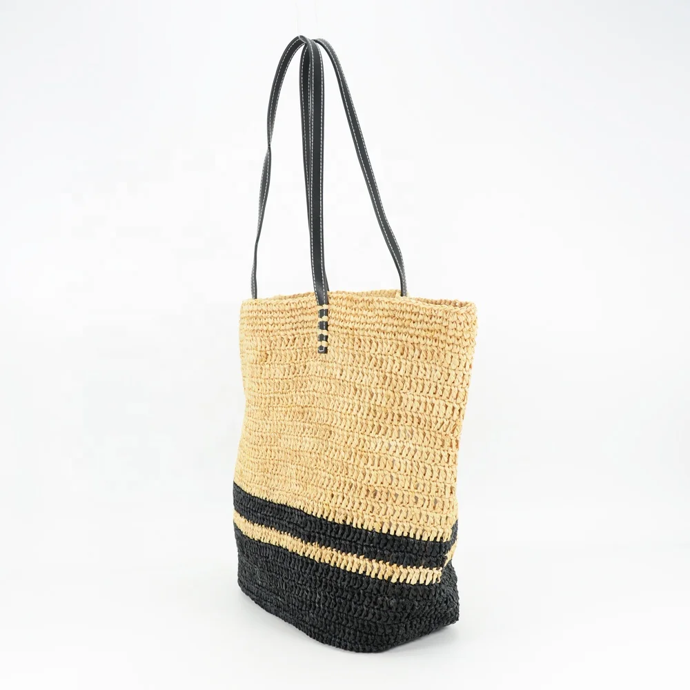 Straw Raffia Beach Tote Bag with black leather handles raffia straw from Madagascar