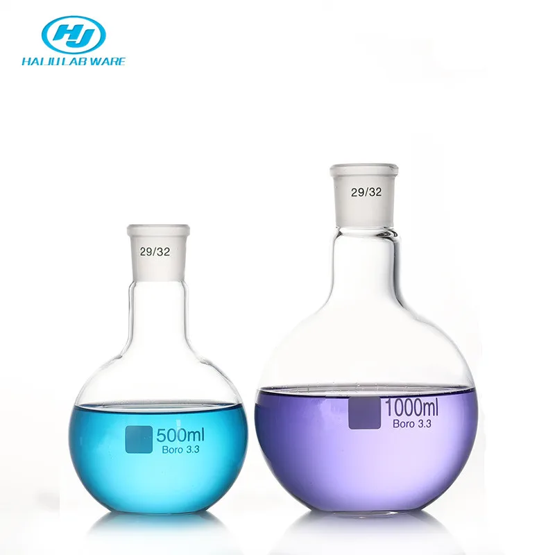 Лабораторная колба HAIJU для закипания с высоким содержанием боросиликата, плоское основание, короткая горловина, стандартные заземляющие дистилляционные колбы для лабораторного использования