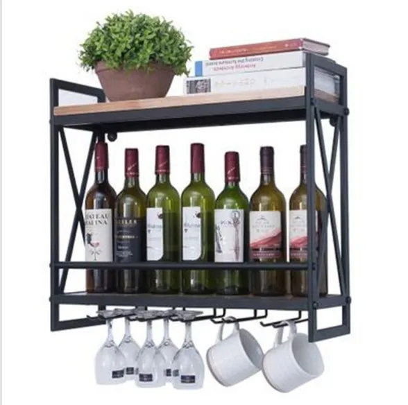Manufacture Rustic Steel Stackable Hanging Glass Bottle Wooden Wine Shelf Storage Holder Wall Mounted Metal Wine Rack
