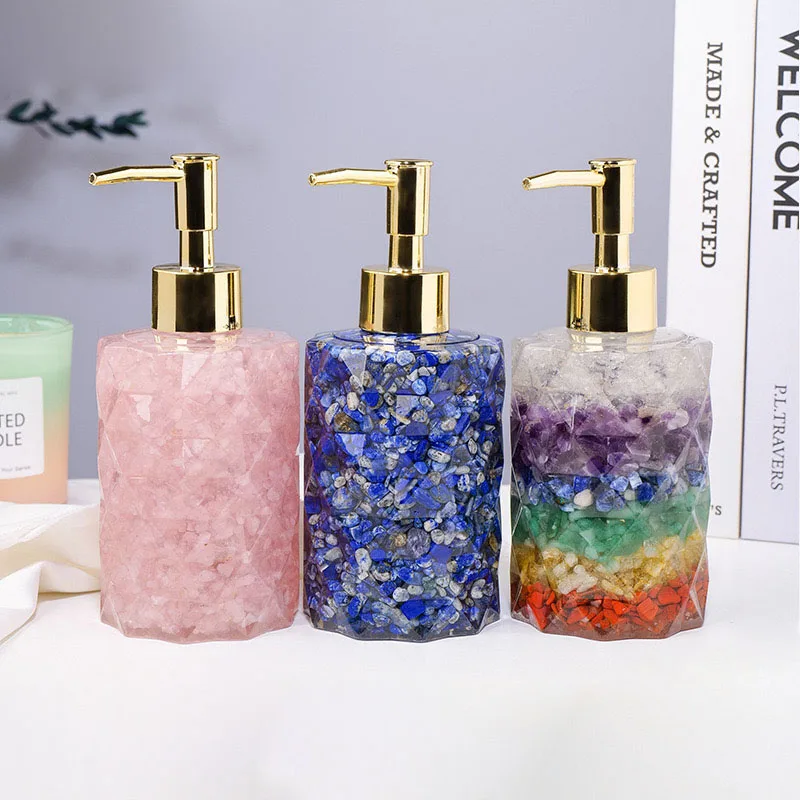 Natural Crystal Chips Hand Washing Liquid Dispenser Bottle Healing Crystal Body Wash Dispenser Bottle for Home Decoration
