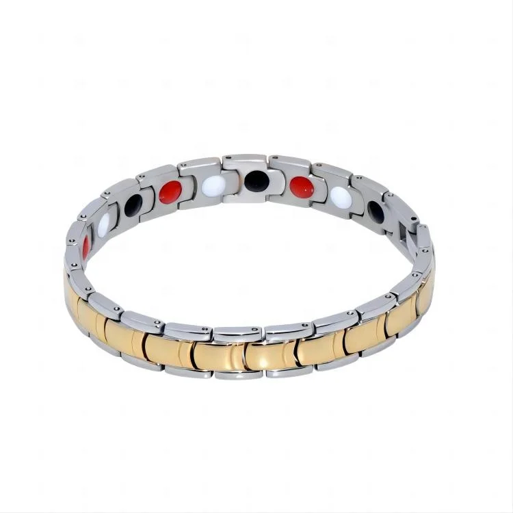 New Design Womens Gold Tone Titanium Bracelet with Engraved Metal Plate Elegant Bracelet Jewelry