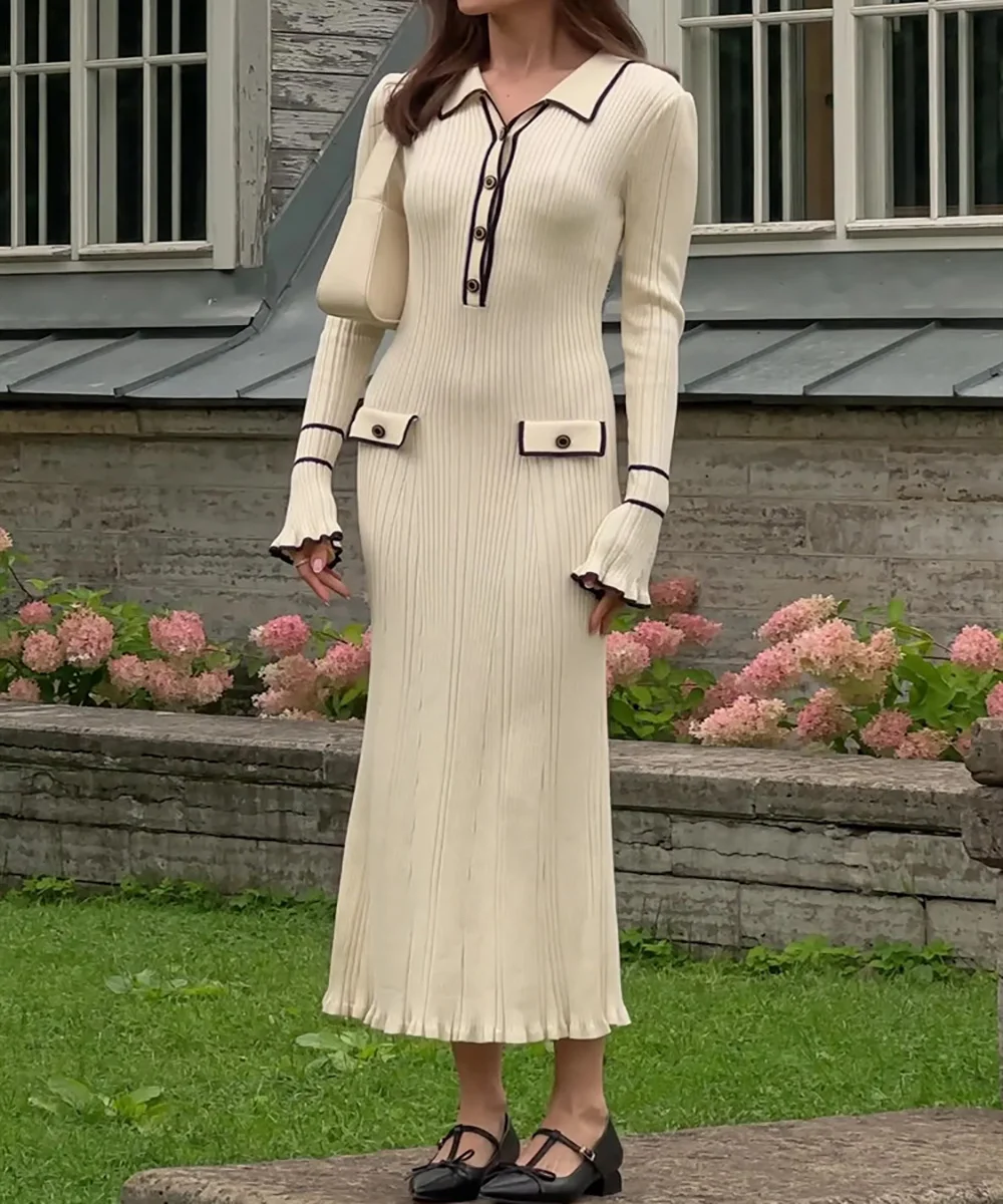 Custom Luxury Ruffle Edge Knitted Dress 2024 New  Autumn Winter Sweater Knit  Dress Flip Collar Tight Mid length Maxi Skirt