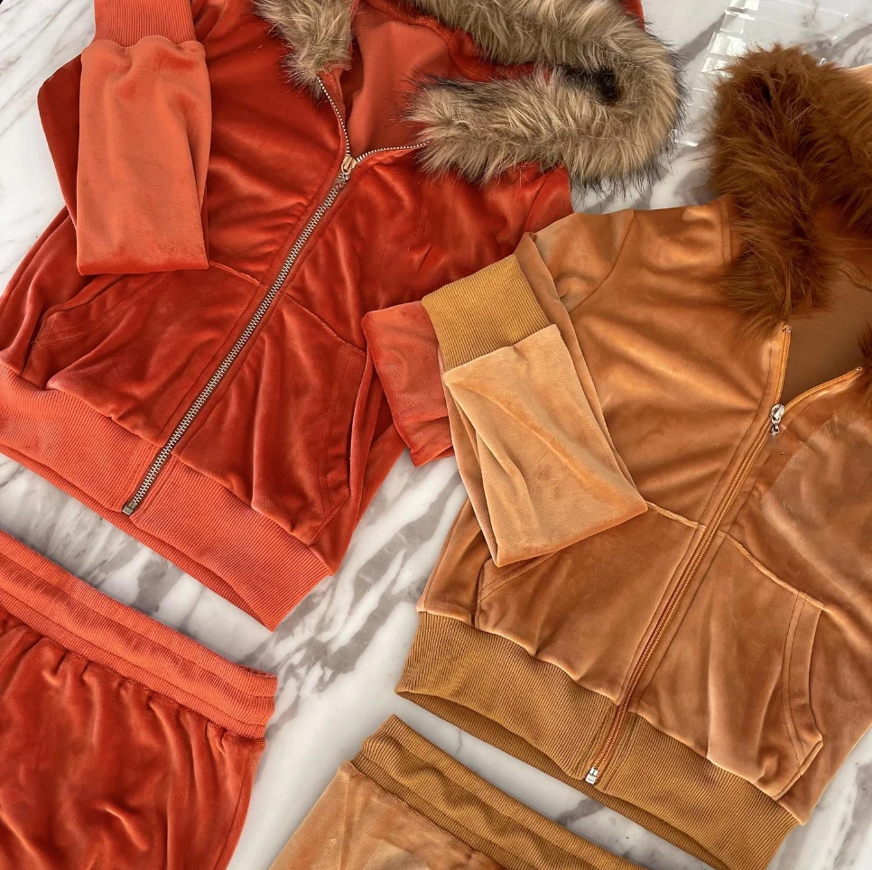 Women cropped Hoodie Jogger Sets Velvet  Zip Up Jacket Pants 2 Piece Set for Women Tracksuits