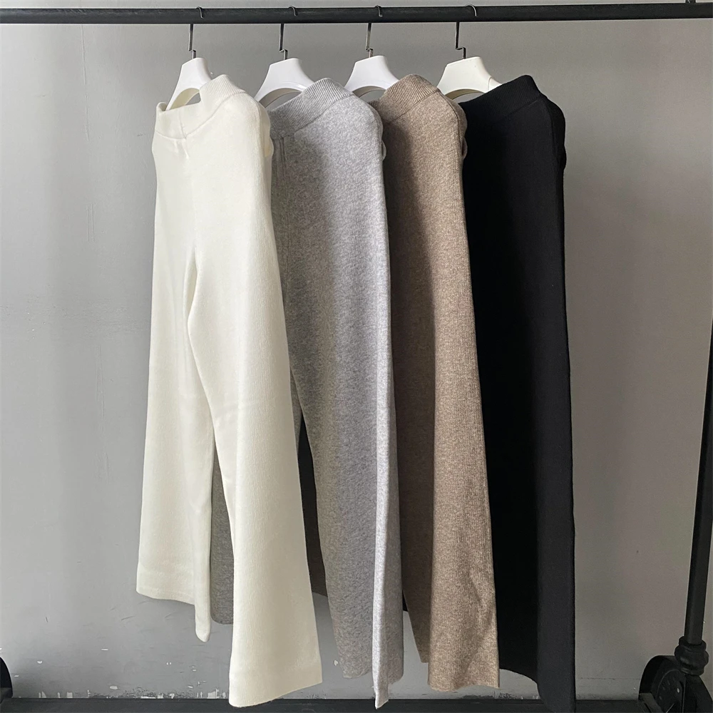 Fall Outfits Luxury Real Fur Collar Hooded Cardigan Long Wide Leg Pants Custom Winter Soft Wool Knit 2 Piece Sweater Set Women