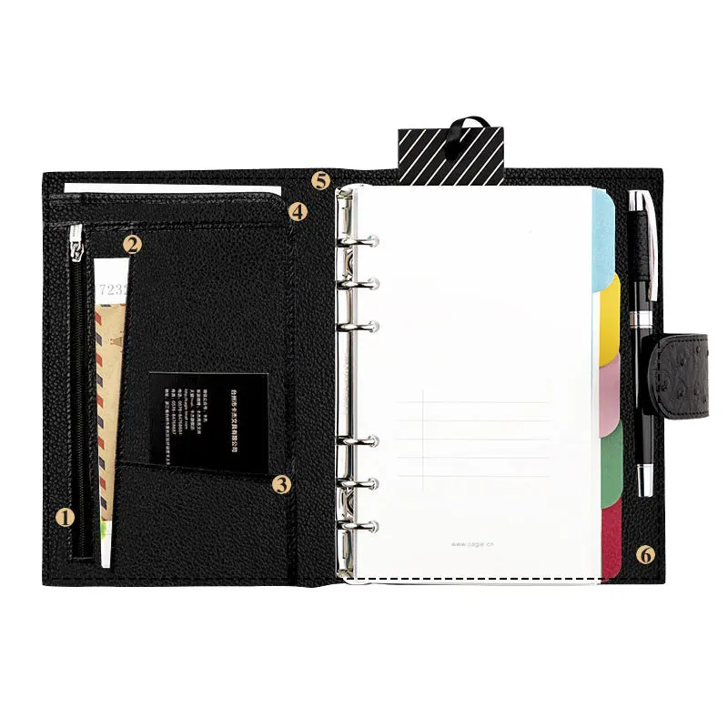 A5 A6 Pu Genuine Leather Custom 6 Ring Binder Planner