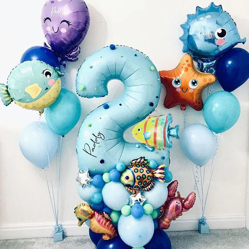 Sea Ocean World Theme Balloon Column Decoration Kit Octopus Starfish Globefish Seahorse Tropical Fish Foil Balloons Set