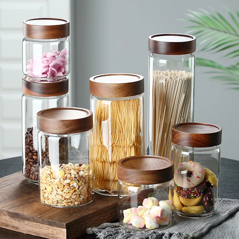 wholesale factory price Kitchen Storage thread type borosilicate glass food storage jars with airtight Acacia wooden screw Lid