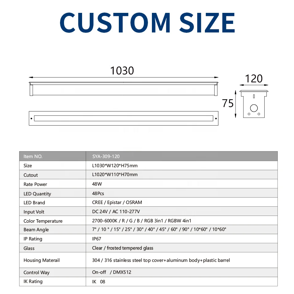SYA-309 Cheap Wholesale OEM ODM service L1030*W90*H75mm stainless steel Linear LED led underground lamp