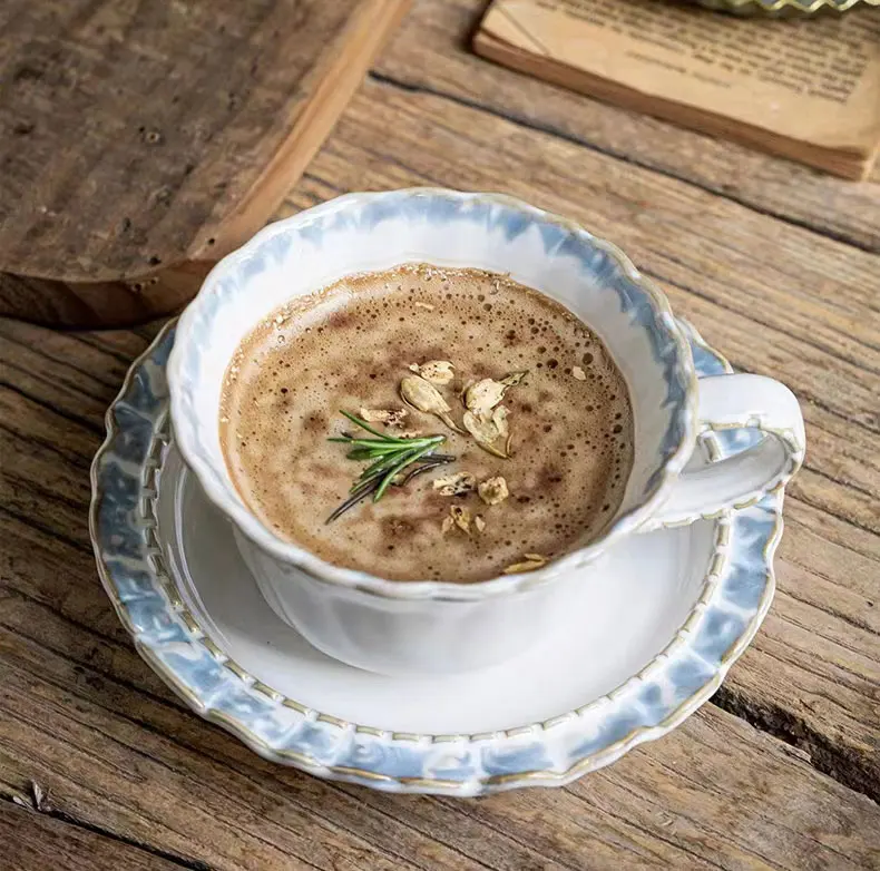 Graceful Smoke Blue Ruffle Flower Coffee Ceramic Cup with Saucer