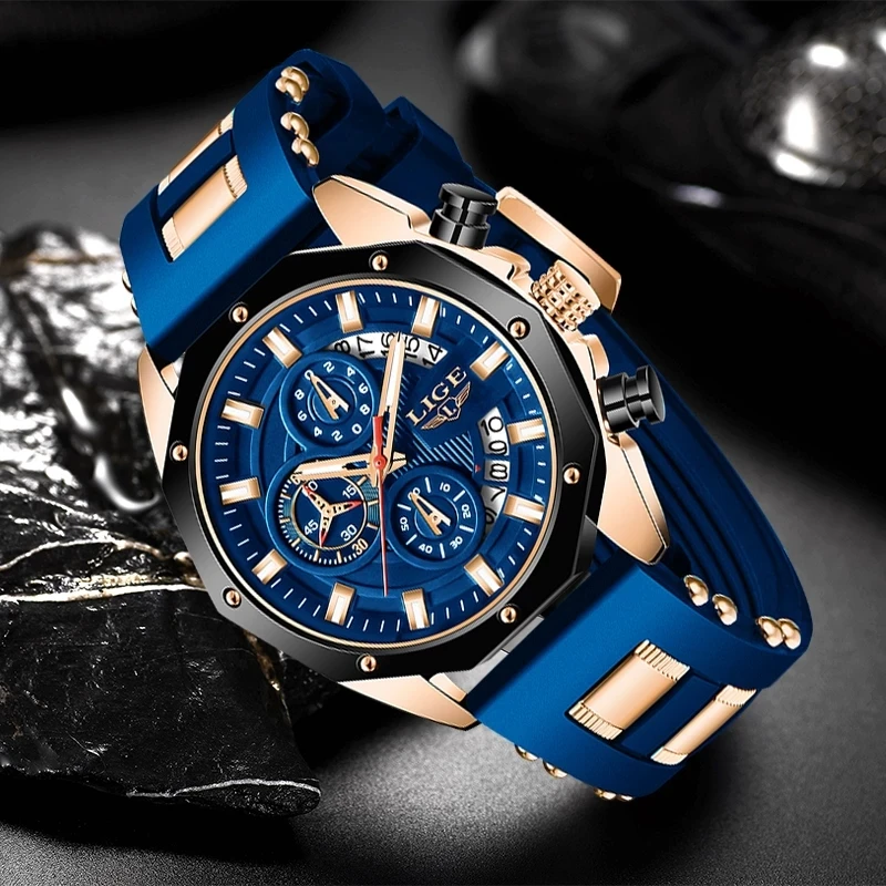 LIGE LG8908 Fashion Chinese Men Quartz Watch Rubber Strap Waterproof 3 Dials Chronograph Luminous Watch Sports Casual Wristwatch