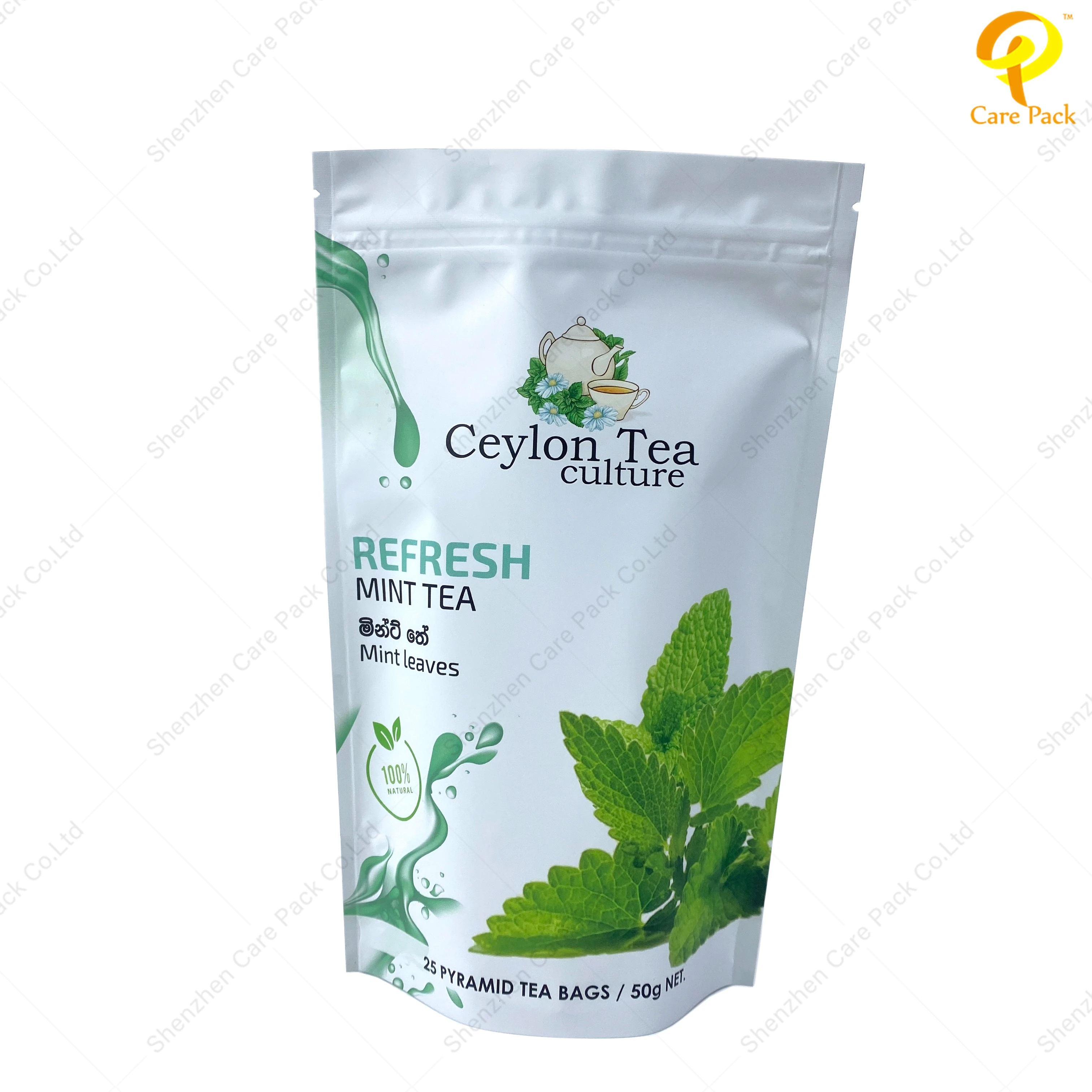 Custom 50g Wholesale aluminum Printed Reusable Zipper Lock Tea Packaging Digital Printing Stand Up Pouch Bag