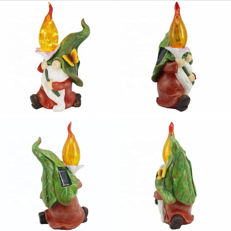 Garden Lawn Ornament Holding Torch Gnome Resin Statue Solar Light