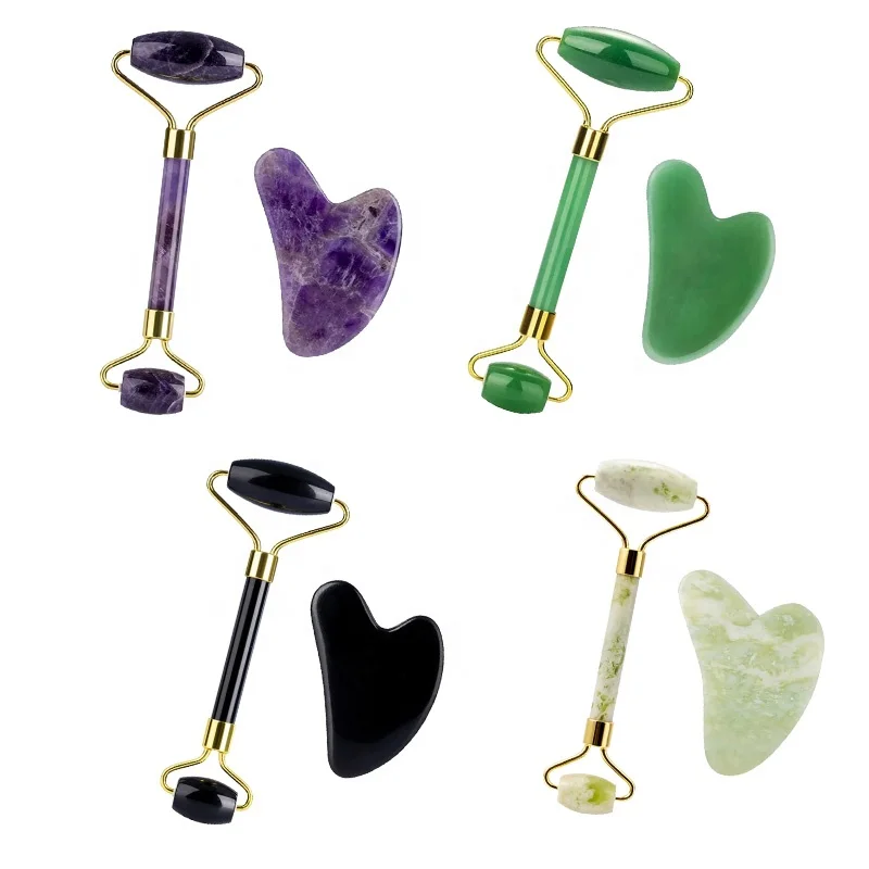 Wholesale 2 in 1 Facial Massage Skin Lifting Natural Quartz Amethyst Pink Green Jade Roller Gua Sha Set