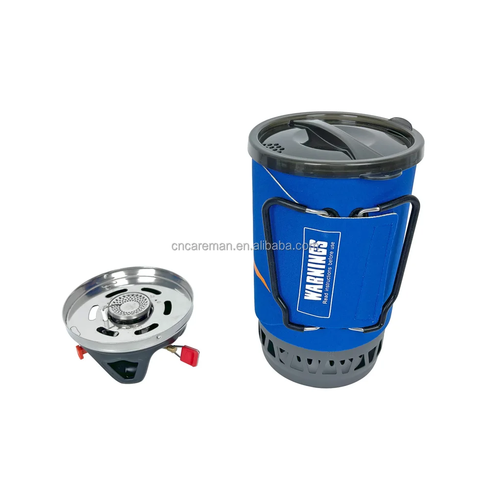 Outdoor Efficient Portable Compact Ultralight Personal Cooking System Camping Hiking Gas Stove & 1400ml Aluminum Pot Set Blue