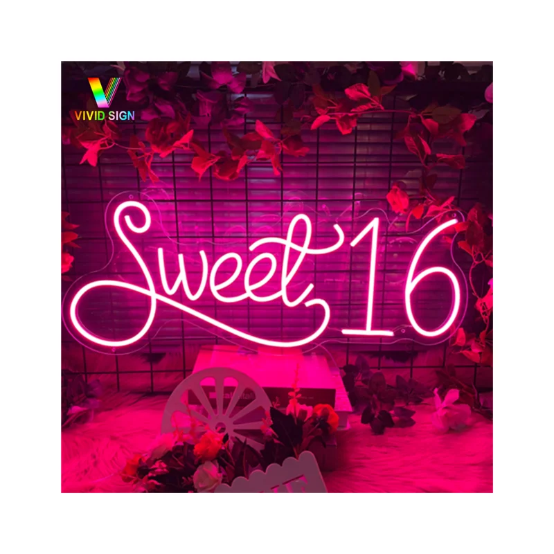 Прямая поставка под заказ OEM ODM настенный Декор для дома и улицы Водонепроницаемый День рождения события сладкий 16 неоновых вывесок