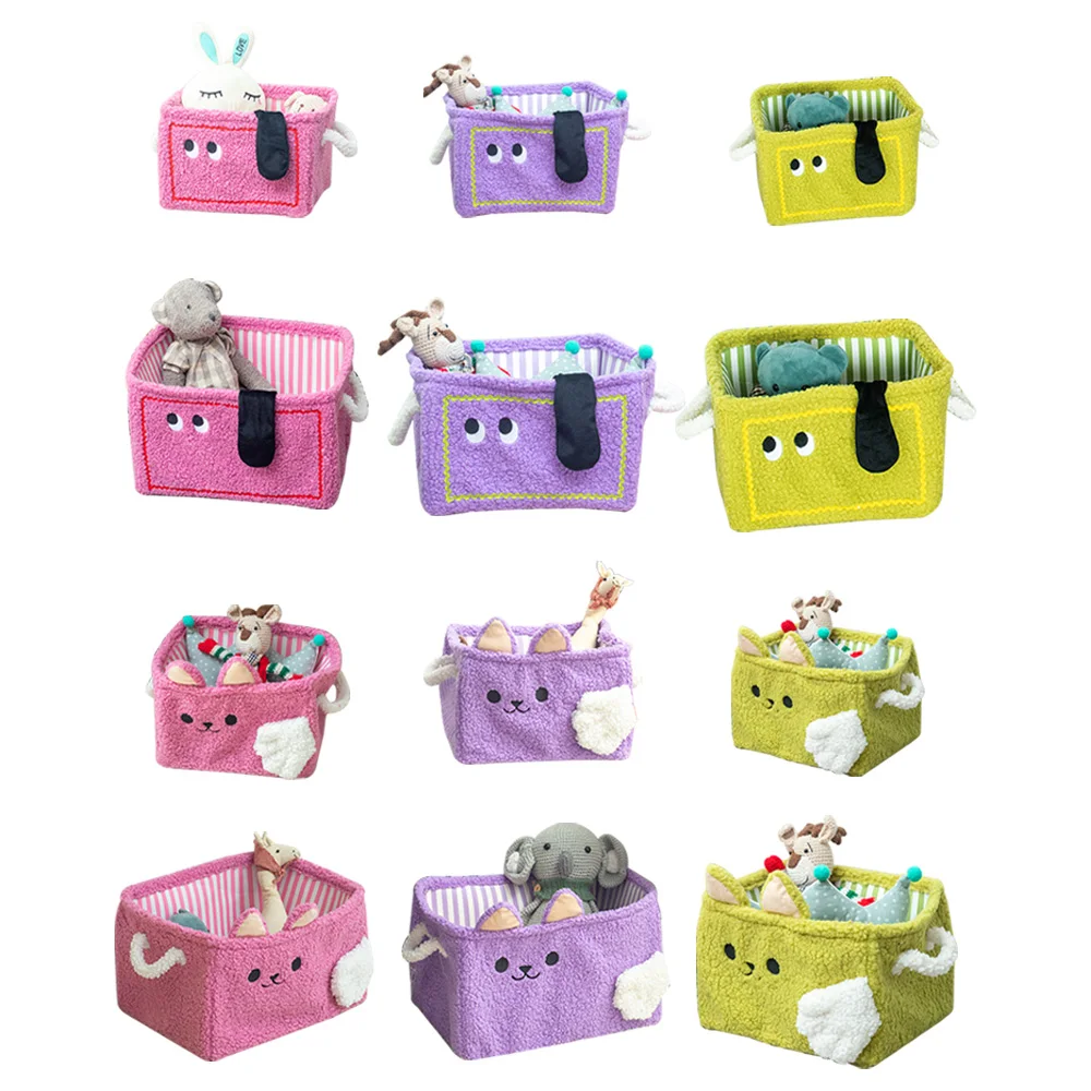 Cute animals cartoon   soft Teddy lamb wool storage basket, fabric linen storage box with handle, toy storage box