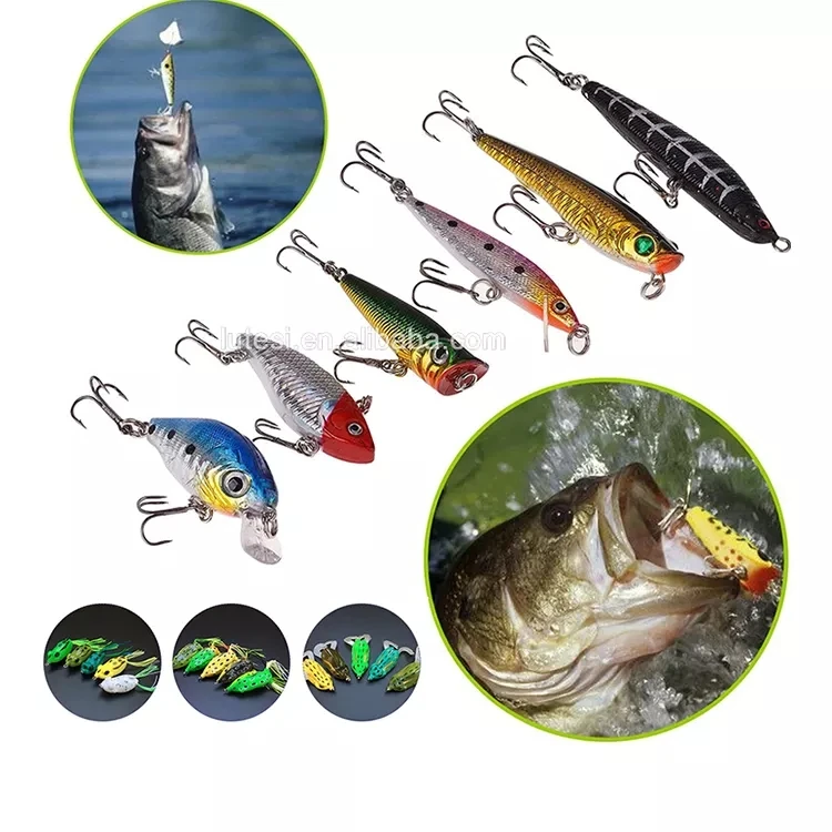 56pcs Mixed Artificial Plastic Trout Bass Frog Minnow VIB Popper Pencil Crank Soft Colors Spoon Fishing Lure Tackle Bait Set