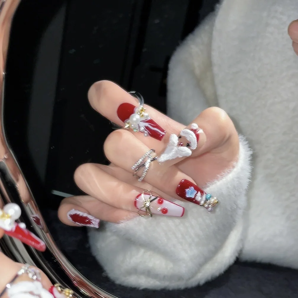 Hot sale press on nails wholesale 10Pcs French  drill Full cover  Christmas style artificial press on nails 1215