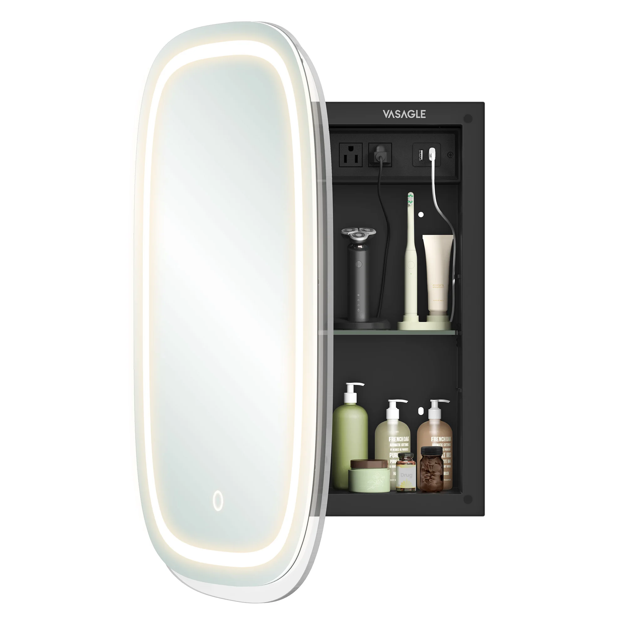 VASAGLE Bathroom Medicine Cabinet with Lights Adjustable Shelf Bathroom Wall Cabinet with Charging Station