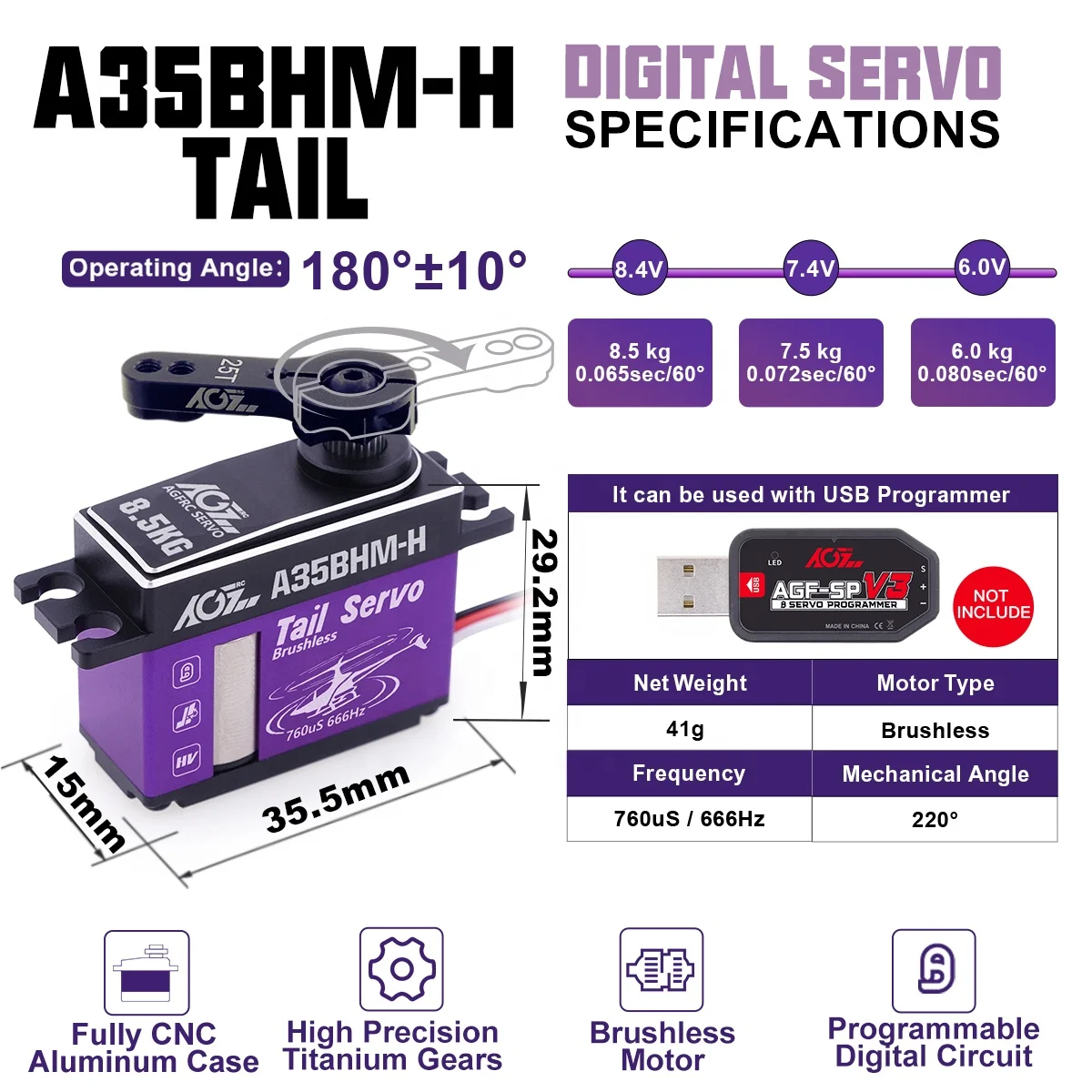 AGFRC A35BHM-H хвост HV 8 5 кг Крутящий момент 0065 сек быстрая скорость цифровые металлические шестерни программируемый Бесщеточный Мини-сервопривод для радиоуправляемого вертолета