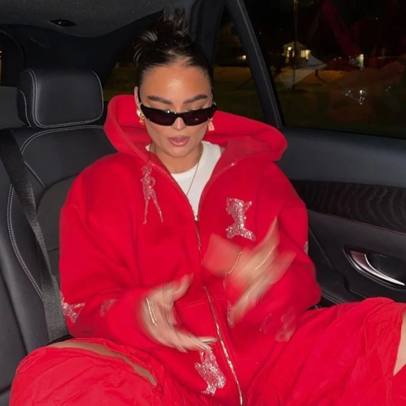 Gothic Y2K Rhinestone Graphic Jacket  Zip-up Hoodie Korean Streetwear Grunge Hip Hop Long Sleeve Top Sweatshirt Outerwear