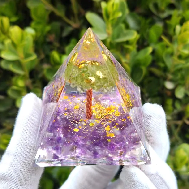 Energy Pyramid Orgonite Reiki Natural Amethyst Ball Healing Crystals Chakra Tool Ornaments Resin Stones Craft Kids Gift Pyramid