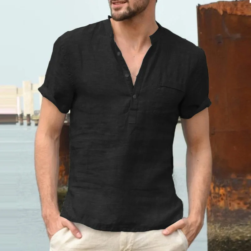 Wholesale Male Short Sleeve Linen Button T-Shirt V-Neck Fashion Summer Solid Casual Cotton Linen T Shirts