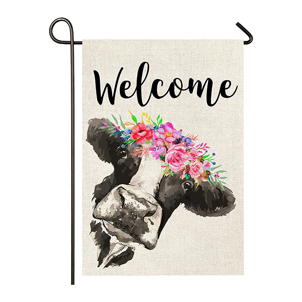 
Welcome Floral Crown Cow Garden Burlap Flag, Double Sided Welcome Garden Outdoor Yard Flags for Summer Decor 