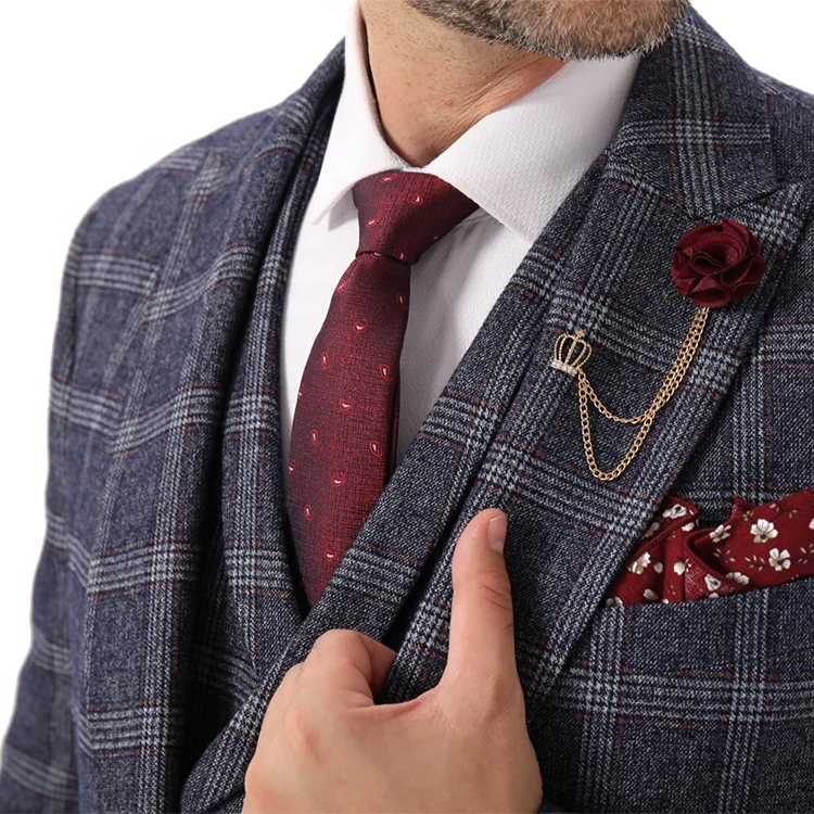 3 piece pictures grey plaid wedding coat pant cashmere England style men suit