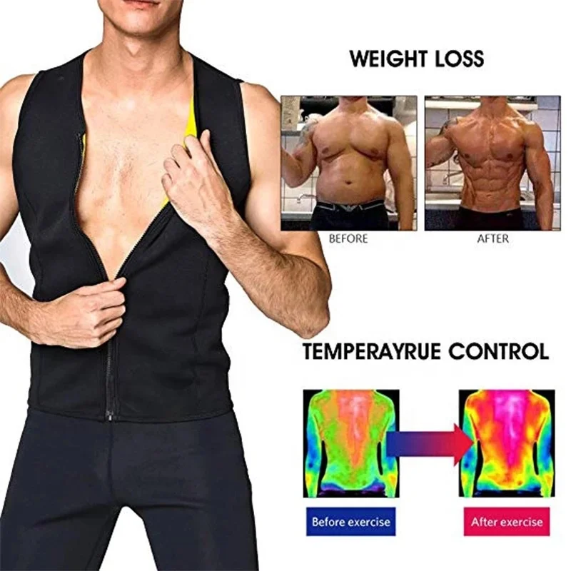 Men Sweat Sauna Zipper Vest Hot Sweat Weight Loss Waist Trainer Corset Neoprene Tank Top Shapewear Slimming Shirt Workout Suit