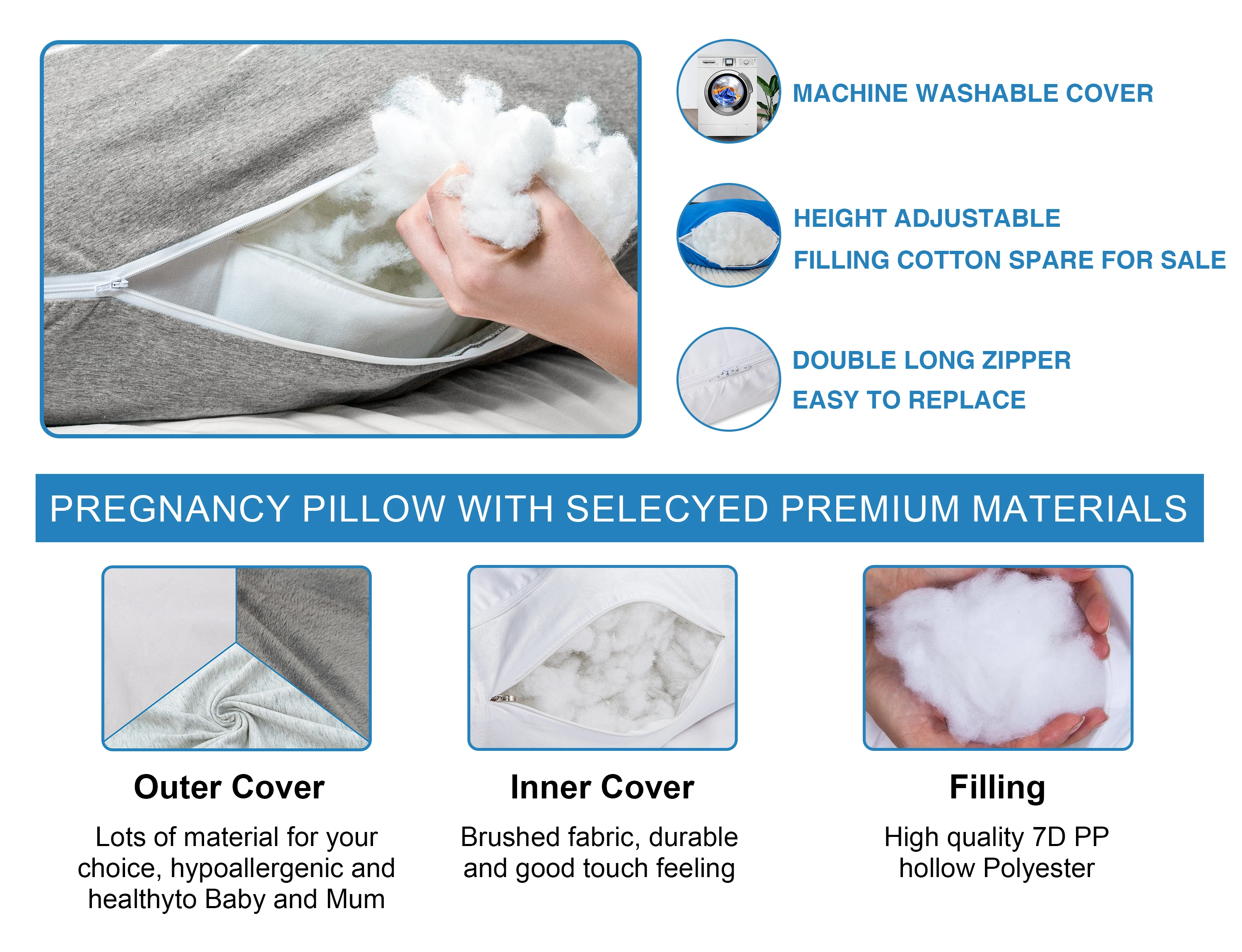 100% Cotton full body U shape Maternity Pregnancy Pillow Sleeping Back support customised high quality pregnancy pillow