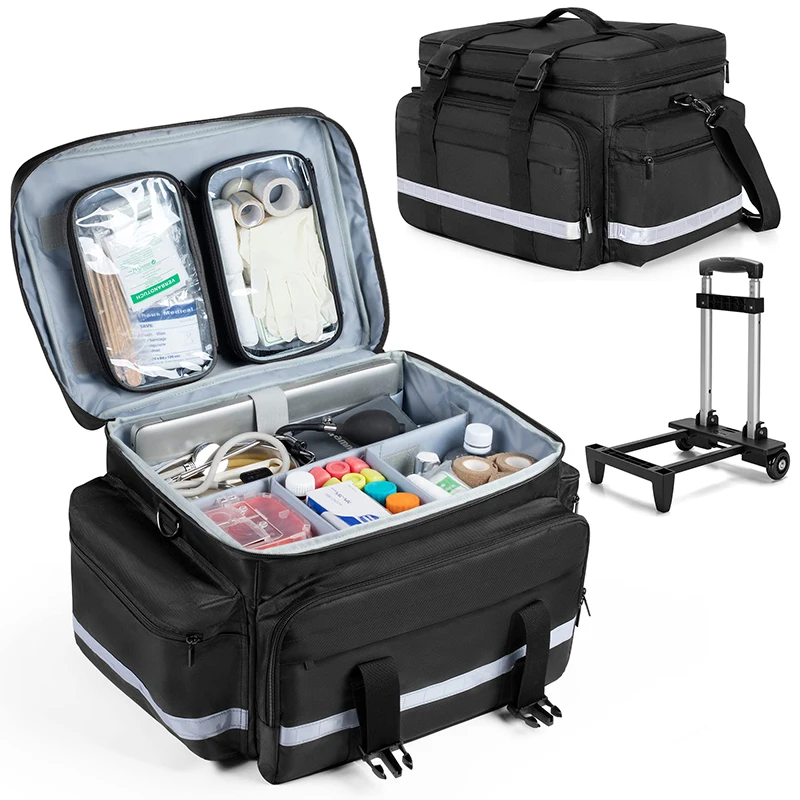 Rolling Medical Bag with Detachable Trolley Medical Equipment Bag with Removable Pouches and Dividers First Aid Responder Bag
