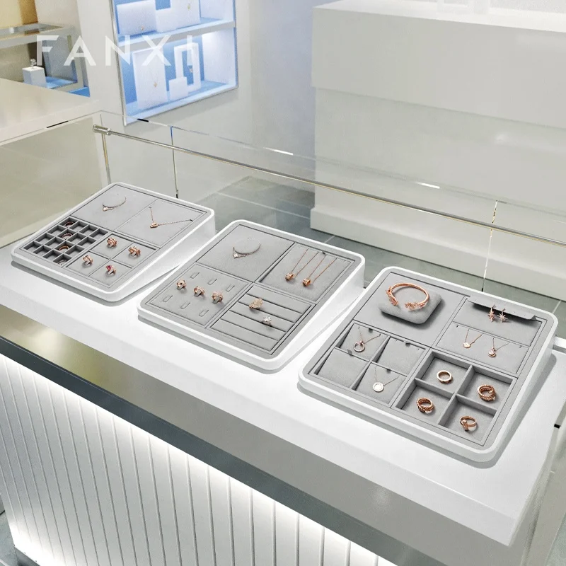 Fanxi New Fashion Light Grey Jewelry Display Set Detachable Microfiber Necklace Ring Pendant Display for Jewelry Store