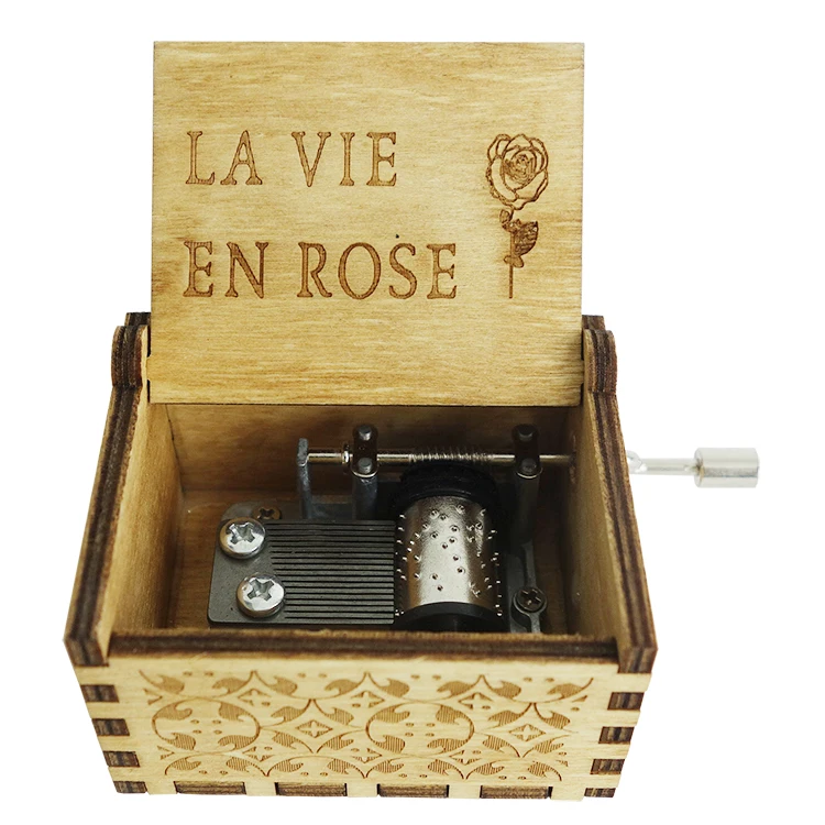 Индивидуальная деревянная музыкальная шкатулка с ручкой LA VIE EN ROSE для подарка девушке