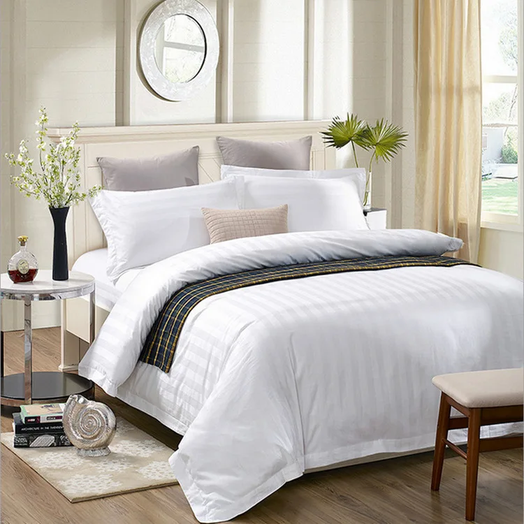 Best Quality Pure White Stripe Satin Design 100% Cotton Hotel Bedding Bedsheets Sets Duvet Cover