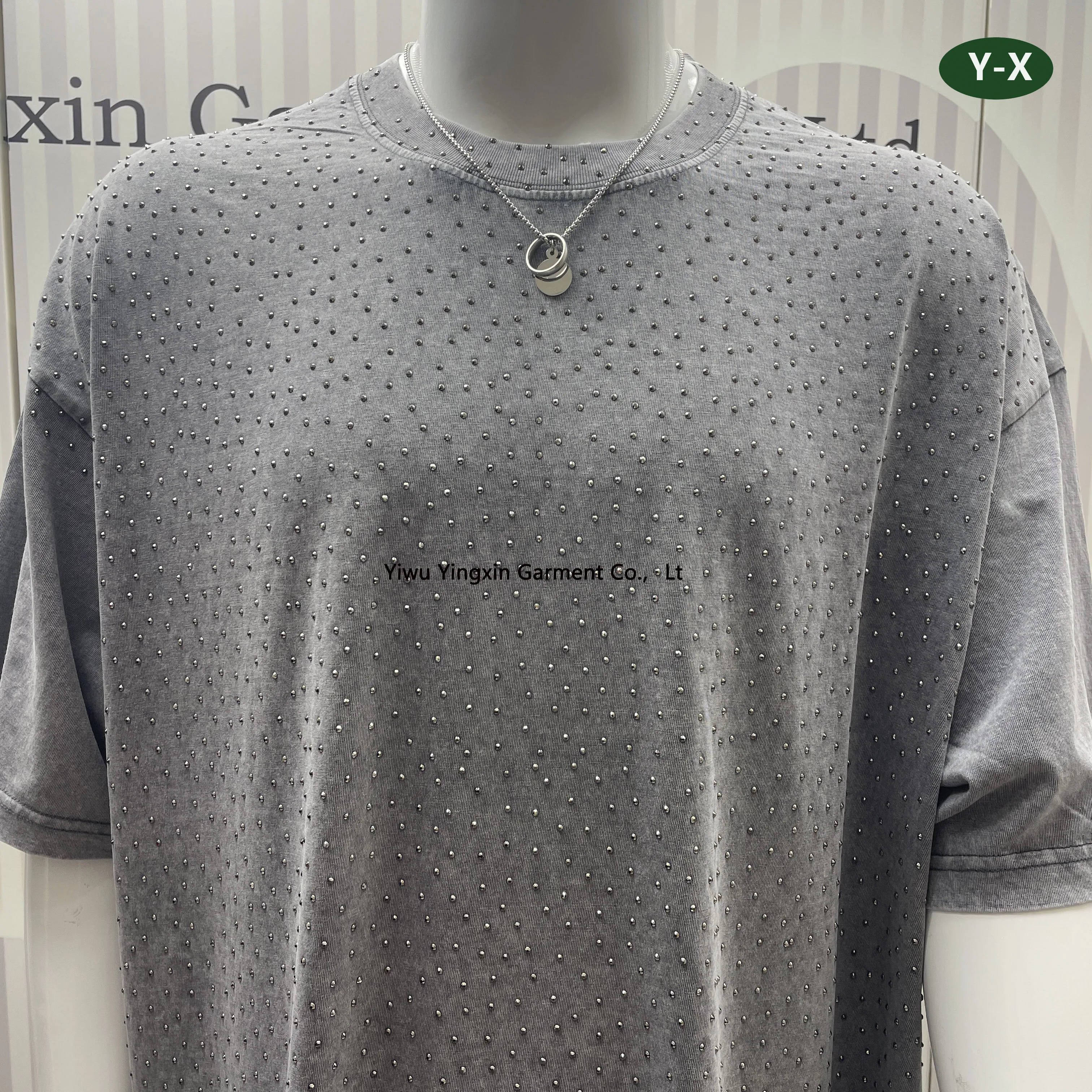 Y-X custom230-270gsm mid weight vintage rhinestones tshirt washed black t-shirt gray oversized acid washed rhinestone t shirt
