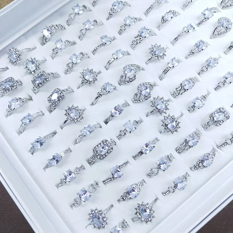 2024 Factory Price Cheap Faceted Zircon Crystal Glass Rings Mixed Styles Ring Women Silver Color Alloy Rings Jewelry Gift