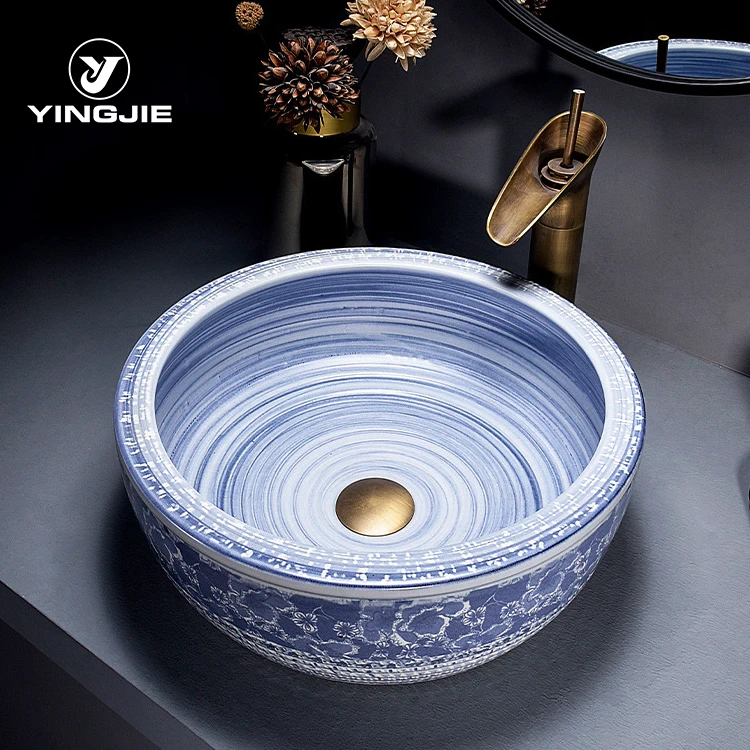 Blue And White Ceramic Artistic Hand Porcelain Wash Basin Bathroom Sink Round