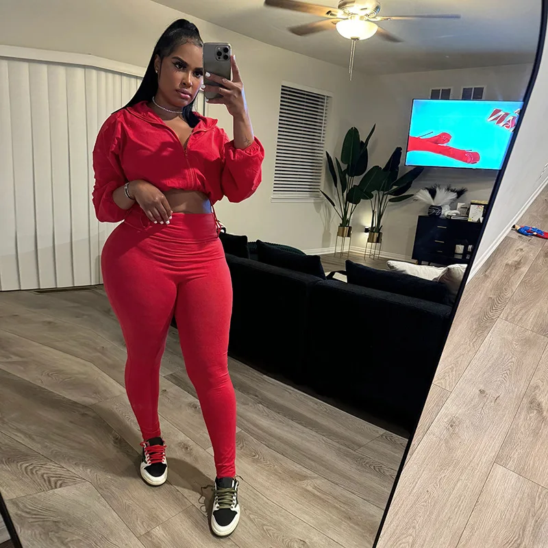 X15954C Повседневный Спортивный комплект из 2 предметов женские укороченные топы и леггинсы с длинным рукавом на молнии шнурком спортивные костюмы для фитнеса