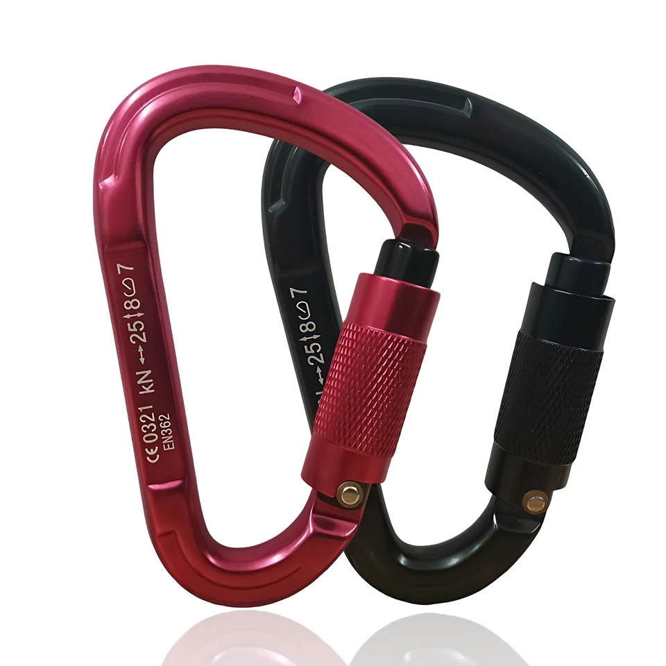 Hot Sale High Quality customized black metal clip hook spring 25KN aluminum locking climbing hammock carabiner