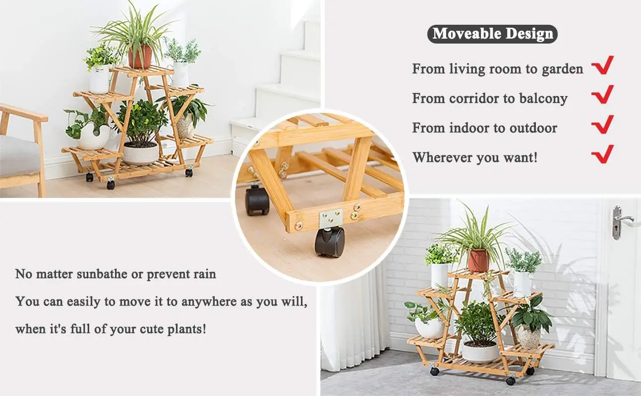 Modern Vintage Design Bamboo Rolling 6 Tier Plant Stand Rack Multiple Flower Pot Holder Shelf I Planter Display shelf