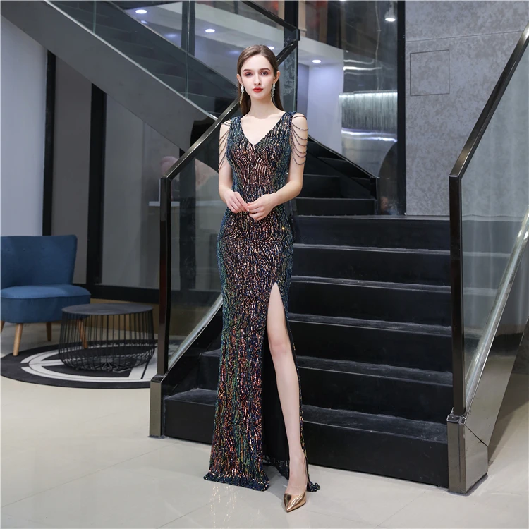 NWE2001Real Sample on Store Beaded Sexy Front Slit Fitted Evening Dress V-neck Party Dress
