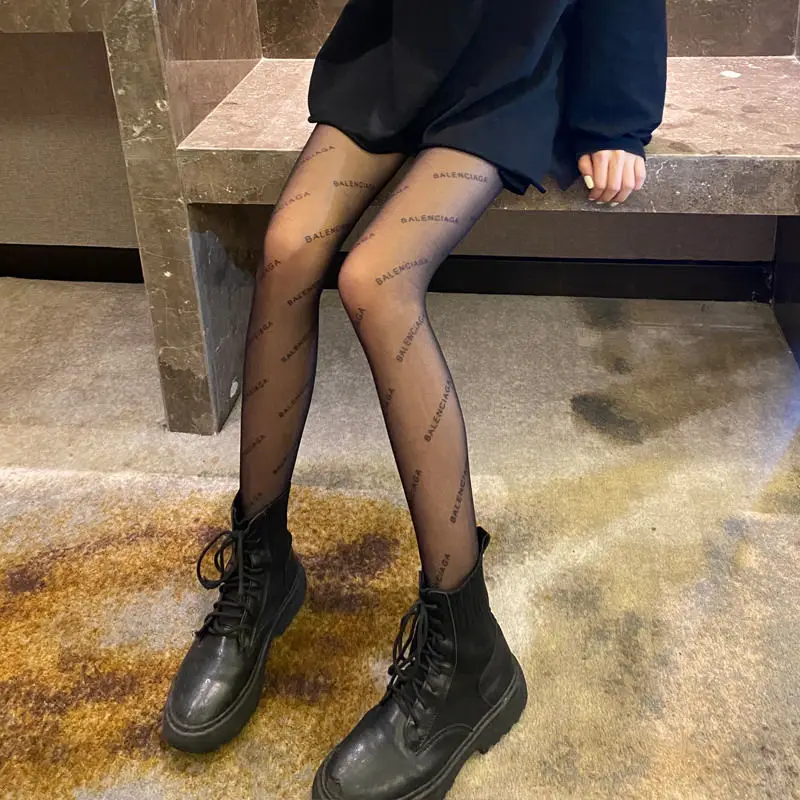 Прочные эластичные женские шелковые чулки, вязаное нижнее белье с буквами, прозрачные колготки с кристаллами, колготки