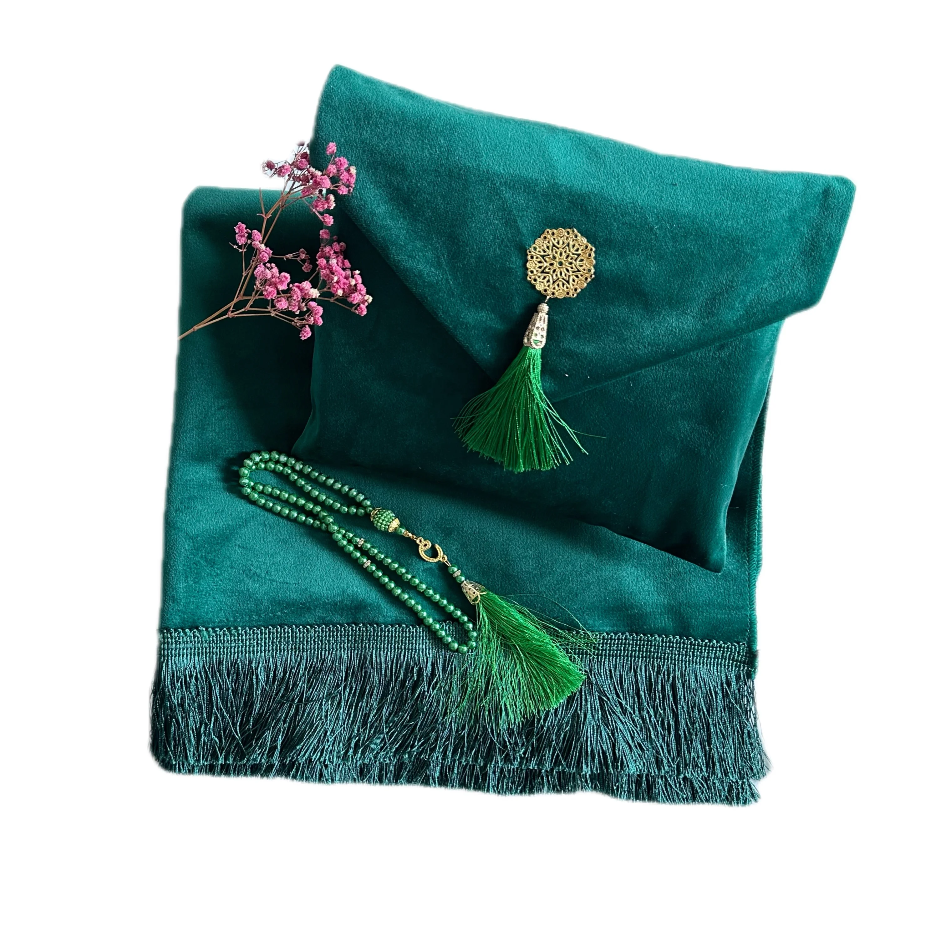 Portable Luxury Design Turkish Velvet Prayer Rug Travel Soft Plush Carpet for Men and Women Ramadan