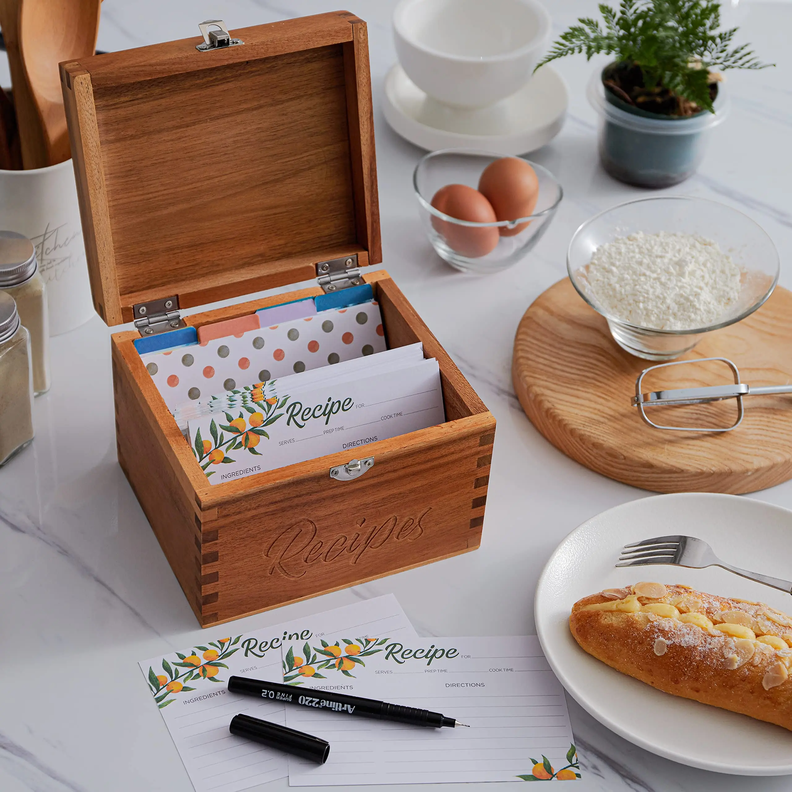 New Product Decorative Natural Wooden Storage Box Blank Recipe Box Acacia Wood Set Recipe Organizer