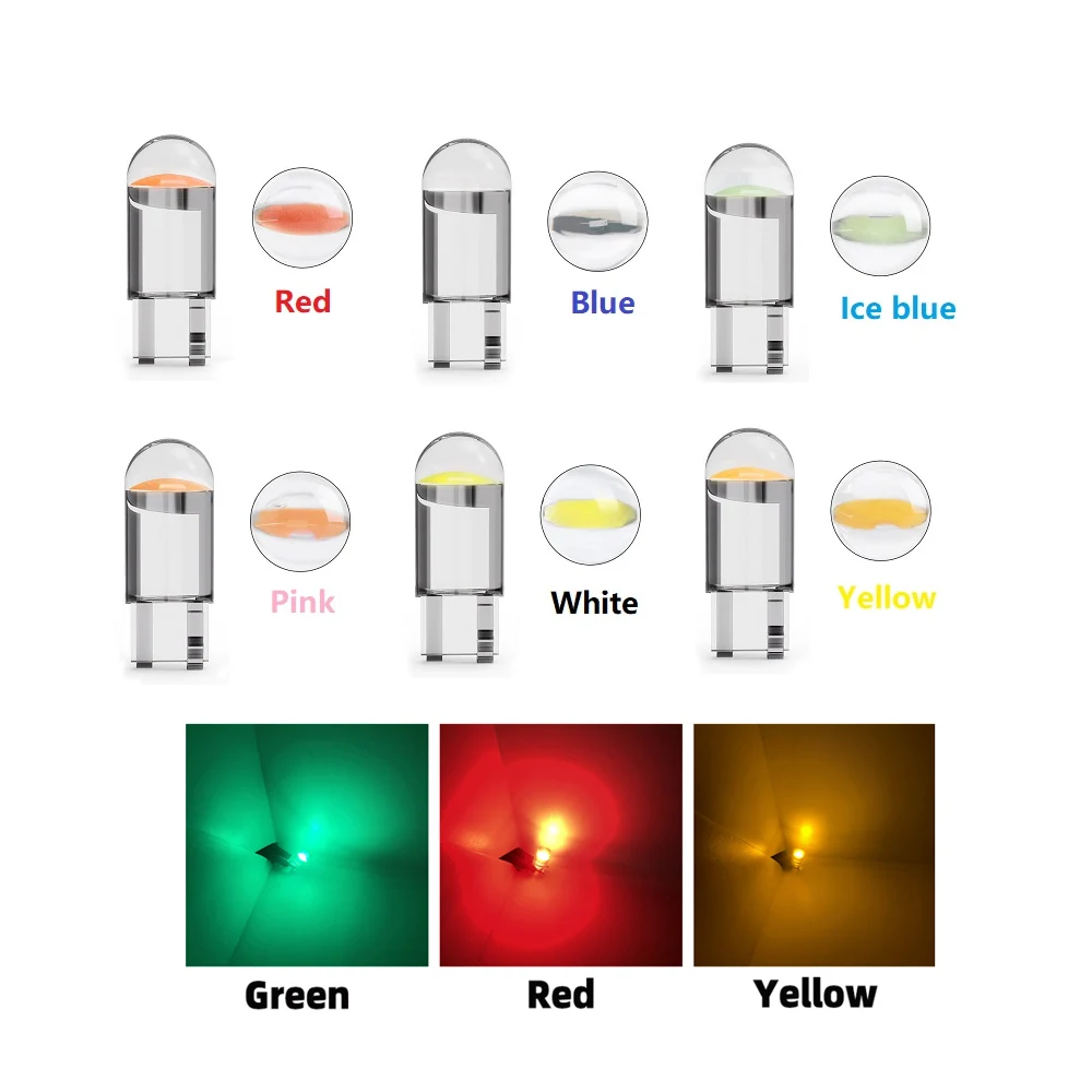 194 T10 Cob Led Car Bulb 3000K Amber 6000 White Green Blue Red Wedge License Plate Lamp Dome Light White Diode