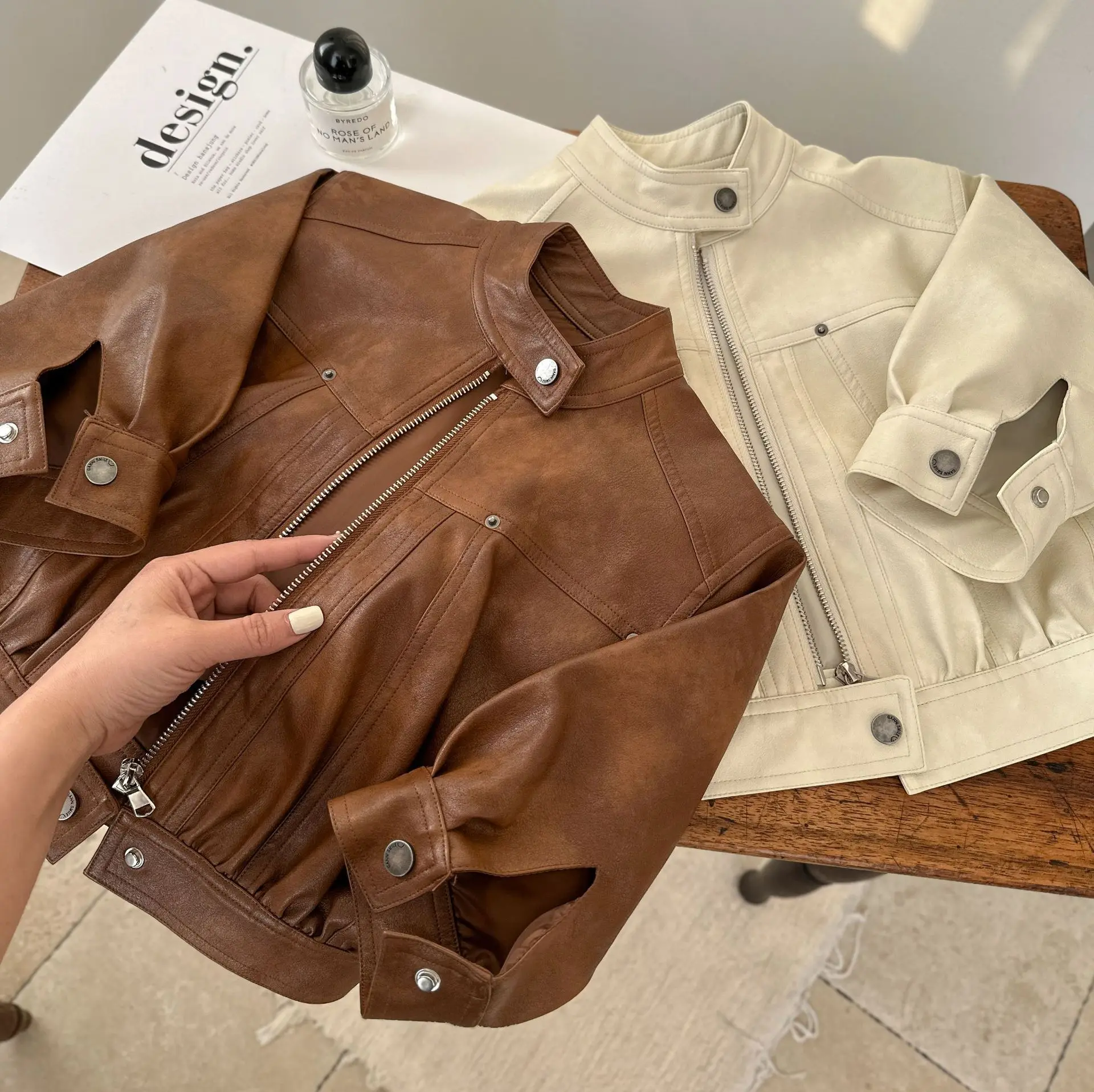 066 spring autumn little baby girls PU leather jacket infant toddler kids boy clothing solid brown beige coat